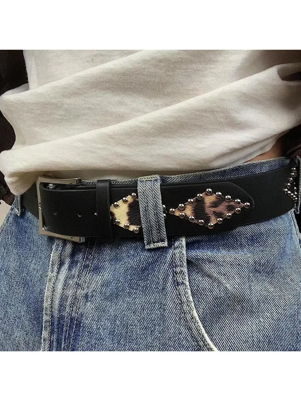 Vintage Y2K style Cheetah Print Studded Black Belt. 39 inches fits a 26-34